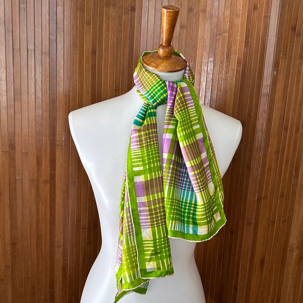 Vintage 1960s Echo Green Plaid Silk Scarf